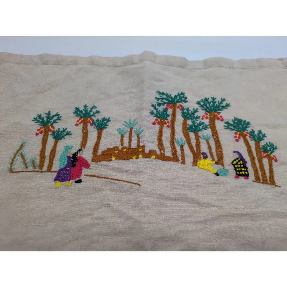 Vintage Hand-Embroidered Cultural Village Motif Desert Oasis Linen Placemat